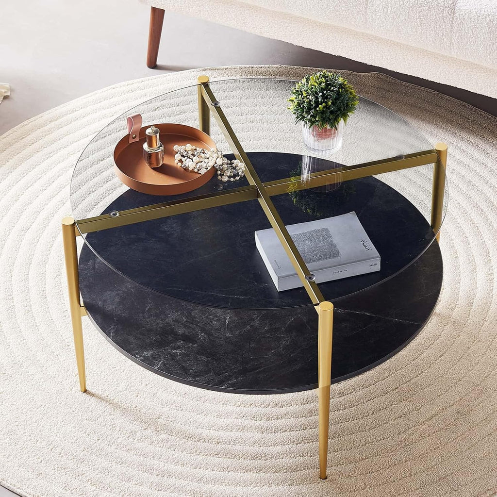 LumFurn Round Coffee Table for Living Room, Mid-Century Modern Design, D30 x H17, 2-Tier Structure, Grey Glass Top and Black Marble Finish Wood Shelf, Sleek Conical Metal Legs with Gold Finish Frame