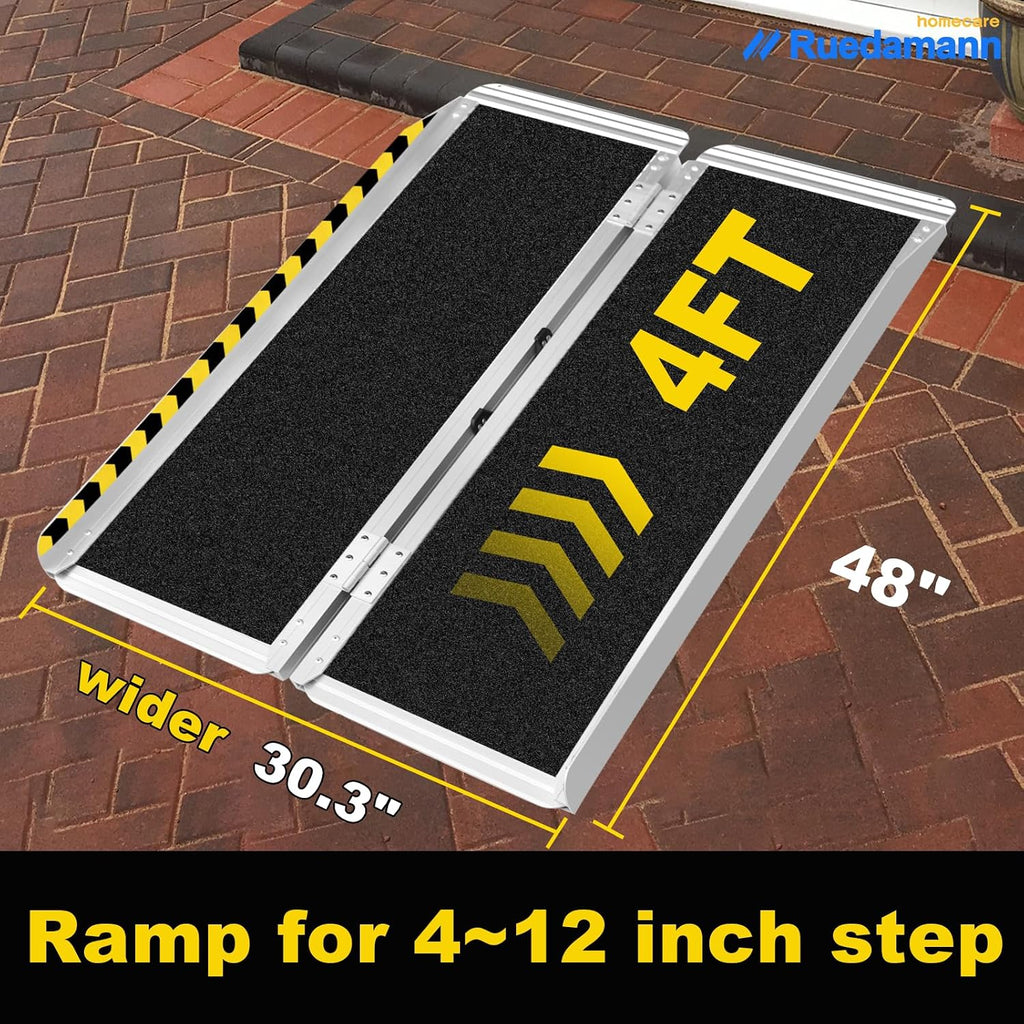 Ruedamann 4 FT Wheelchair Ramp, 30.3'' Wide Portable Ramps for Wheelchairs for Home, Non-Slip Aluminum Ramps with Handle, 600 LBS Capacity Wheelchair Ramps for Home Steps, Doorways, Door Entry, Stairs