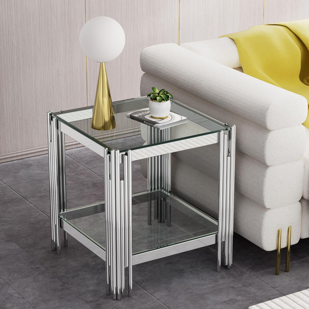 Modern Glass End Table,Sqaure Sofa Side Table with Shiny Geometric Stainless Steel Base,Clear Glass Accent End Table Bedside Table Nightstand for Living Room Bedroom Office