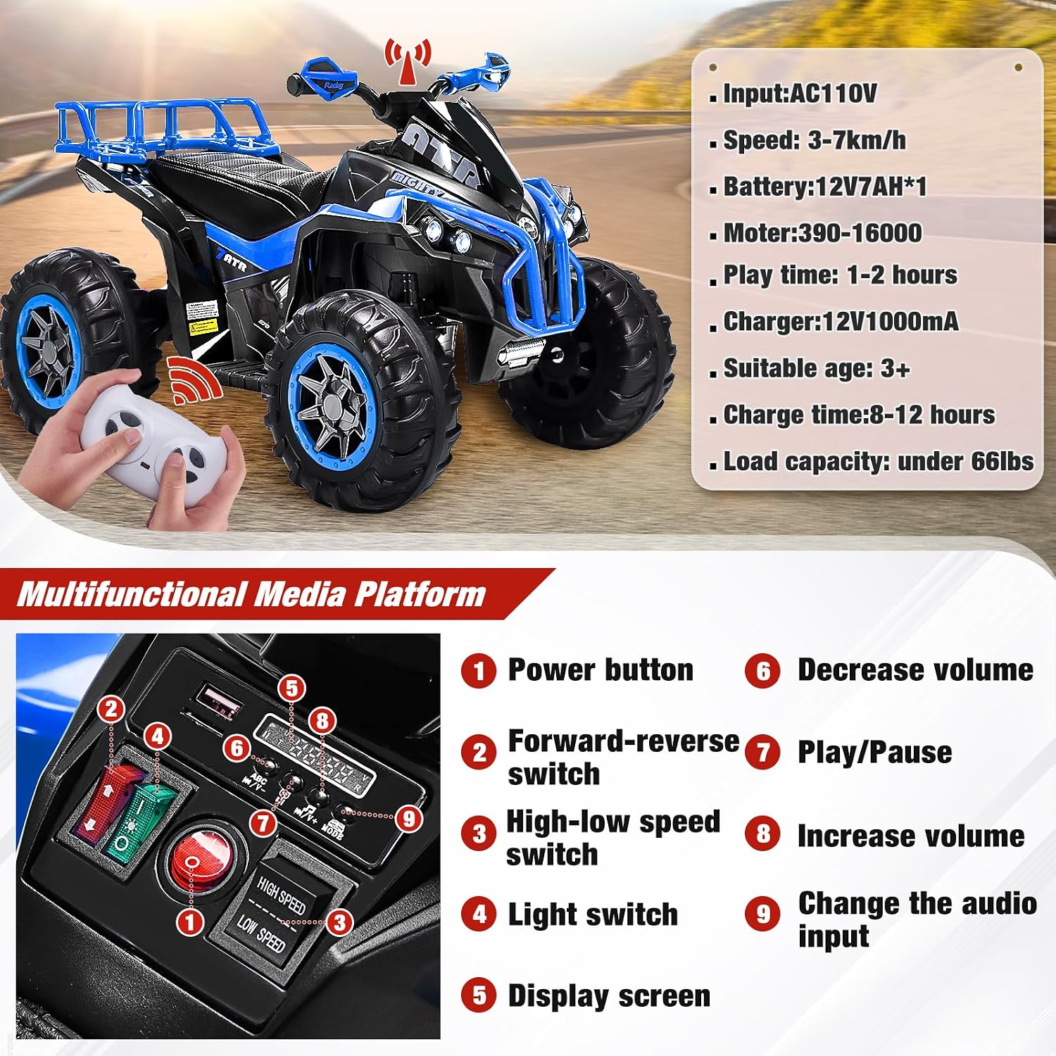 Soar Remote Control Four Wheeler for - Electirc Toddler 4 Wheeler for 3-6, Ride on ATV 12v Battery Powered, Kids Quad with LED Lights, Music, High Low Speed, USB/TF, Treaded Tires, Blue