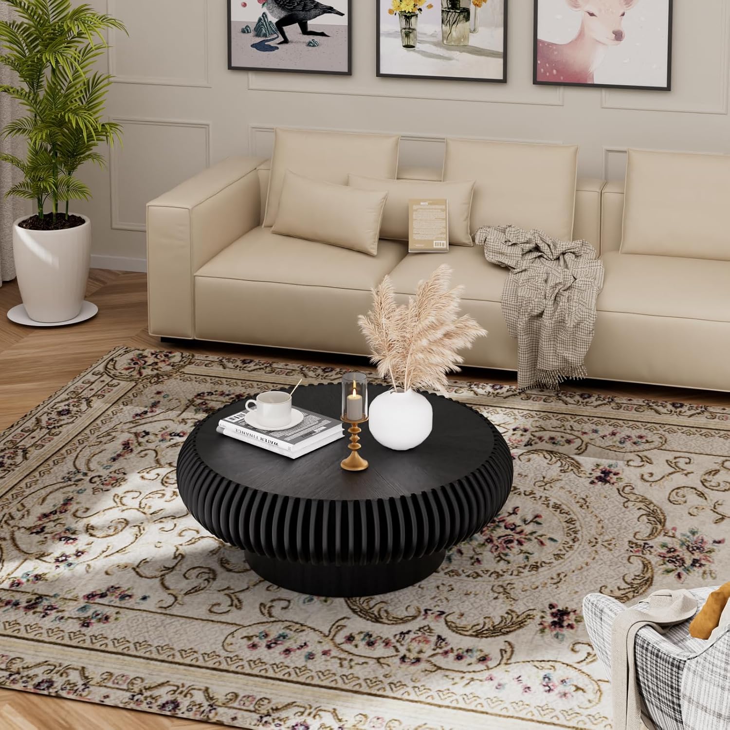 Round Coffee Table for Living Room Modern Black Fluted Coffee Table Round Drum Coffee Tables Low Circle Pedestal Center Table for Small Spaces (A Black, 31.4 in)