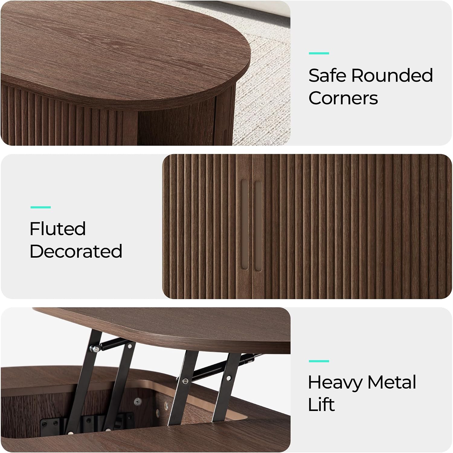 LINSY Lift Top Coffee Table, Oval Fluted Coffee Table with Storage, Mid Century Modern Wooden Coffee Tables with Sliding Tambour Door, 39' Center Table for Living Room, Office, Small Space, Walnut