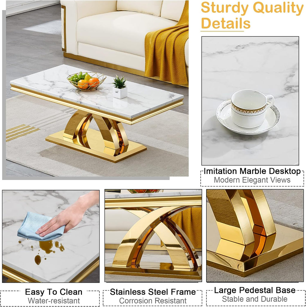 Modern White Gold Coffee Table Set of 3 Faux Marble Coffee Table and End Side Table Set, Luxury 3 Pieces Living Room Table Set with X-Shape Stainless Steel Base for Home Office