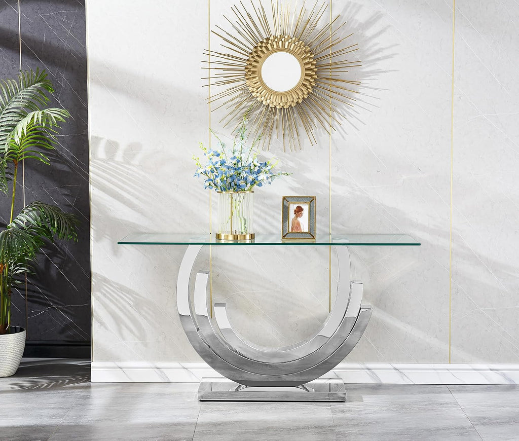 SSLine 1 Piece Living Room Console Table Luxury Glass Entryway Table,Modern Silver Console Table with Ring-Shape Stainless Steel Pedestal Base for Hallway Corridor(1 Console Table)