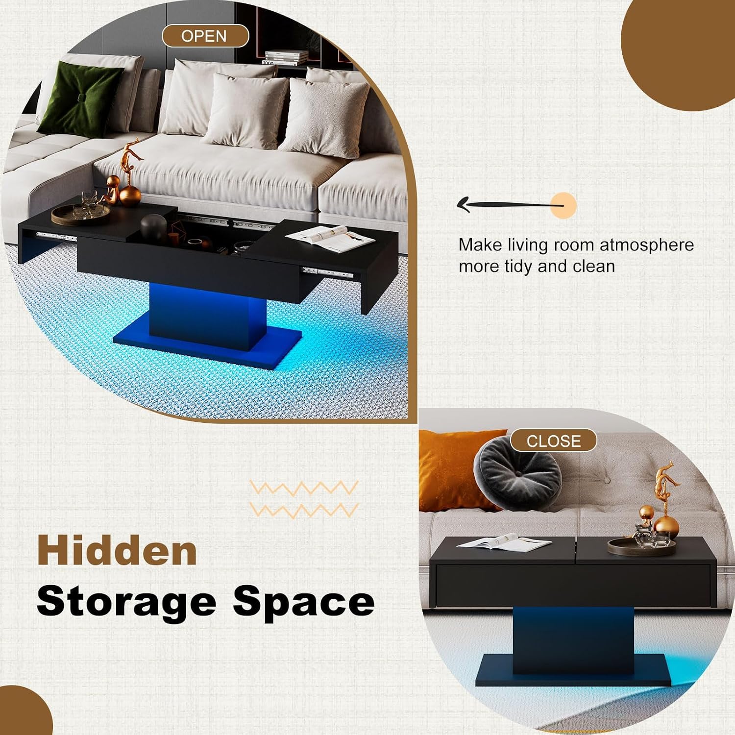 HedoAjim Black LED Coffee Table with Storage for Living Room, Living Room Table Rectangular Center Table, Modern High Glossy Wooden Coffee Tables for Dining Reception Room