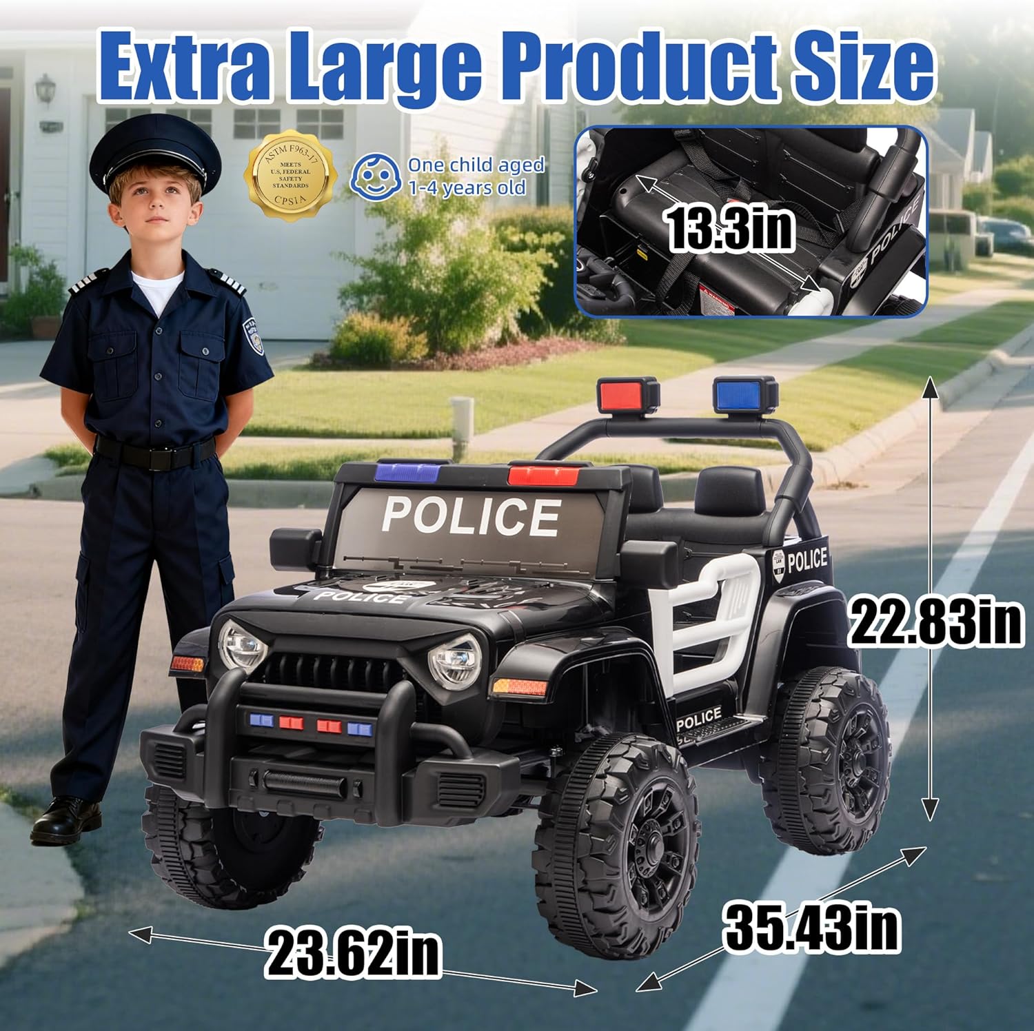 Ride on Police Car, 12V Kids' Electric Vehicles W/Parents Control, Ride on Toys for Toddlers with Music, Four-Wheels Suspension, USB, Headlights, Police Car
