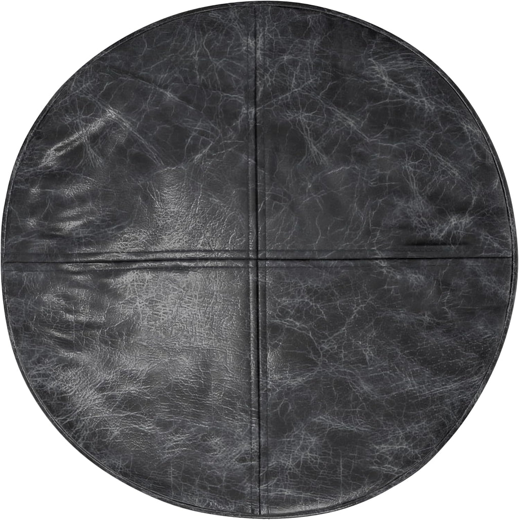 SIMPLIHOME Connor Round Pouf - 18 inch Wide Upholstered Genuine Leather Ottoman in Distressed Black, Boho Footstool or Extra Seating for Living Room or Bedroom with Polystyrene Filling, Assembled