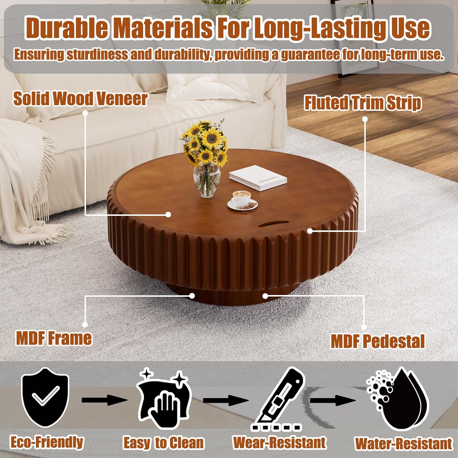 31.5' Round Drum Coffee Table with Hidden Storage, Modern Fluted Coffee Tables with Solid Wood Veneer, Wooden Circle Center Table for Living Room, Small Spaces, and Apartments, Easy Assembly