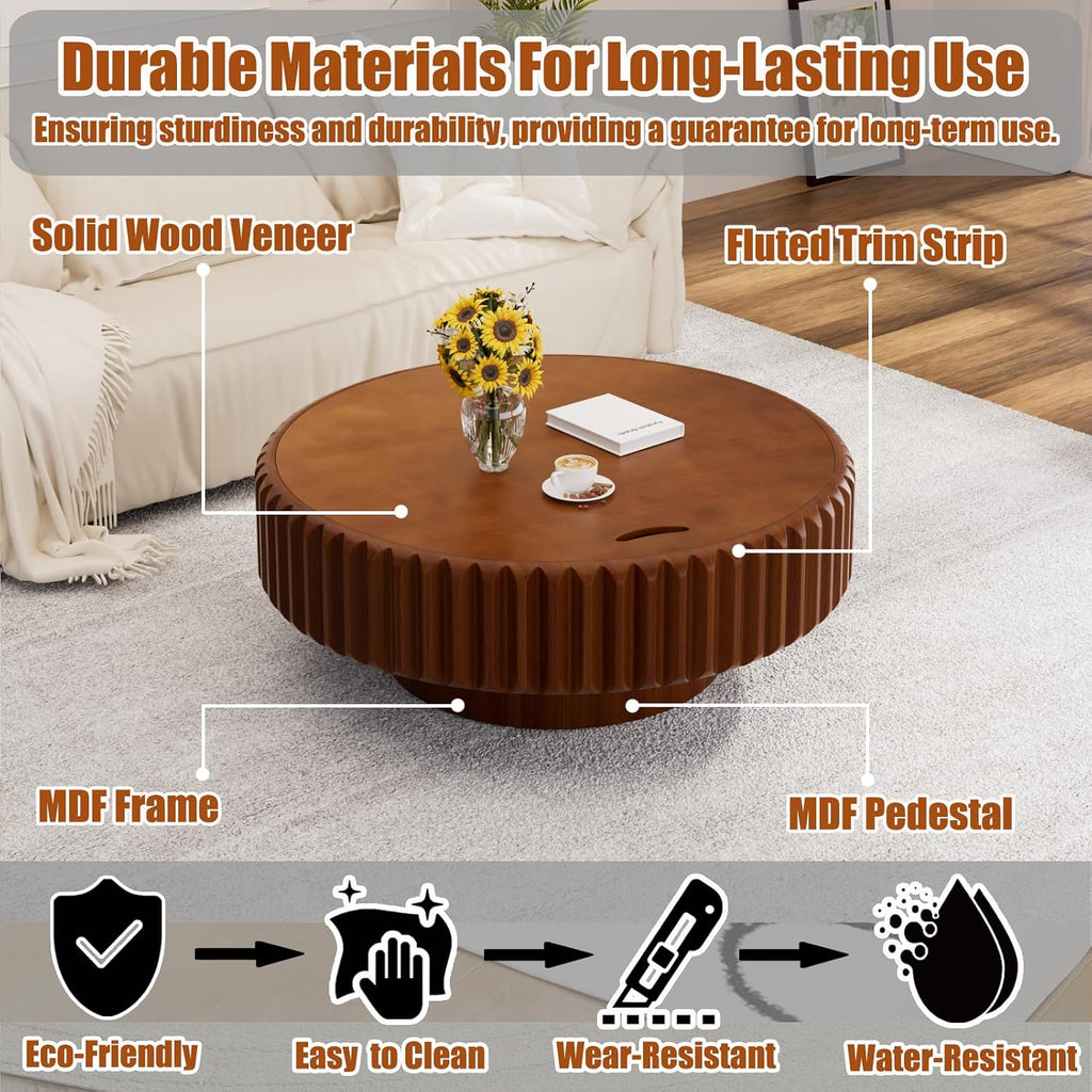 39.37'' Round Drum Coffee Table with Hidden Storage, Modern Fluted Coffee Tables with Solid Wood Veneer, Wooden Circle Center Table for Living Room, Small Spaces, and Apartments, Easy Assembly
