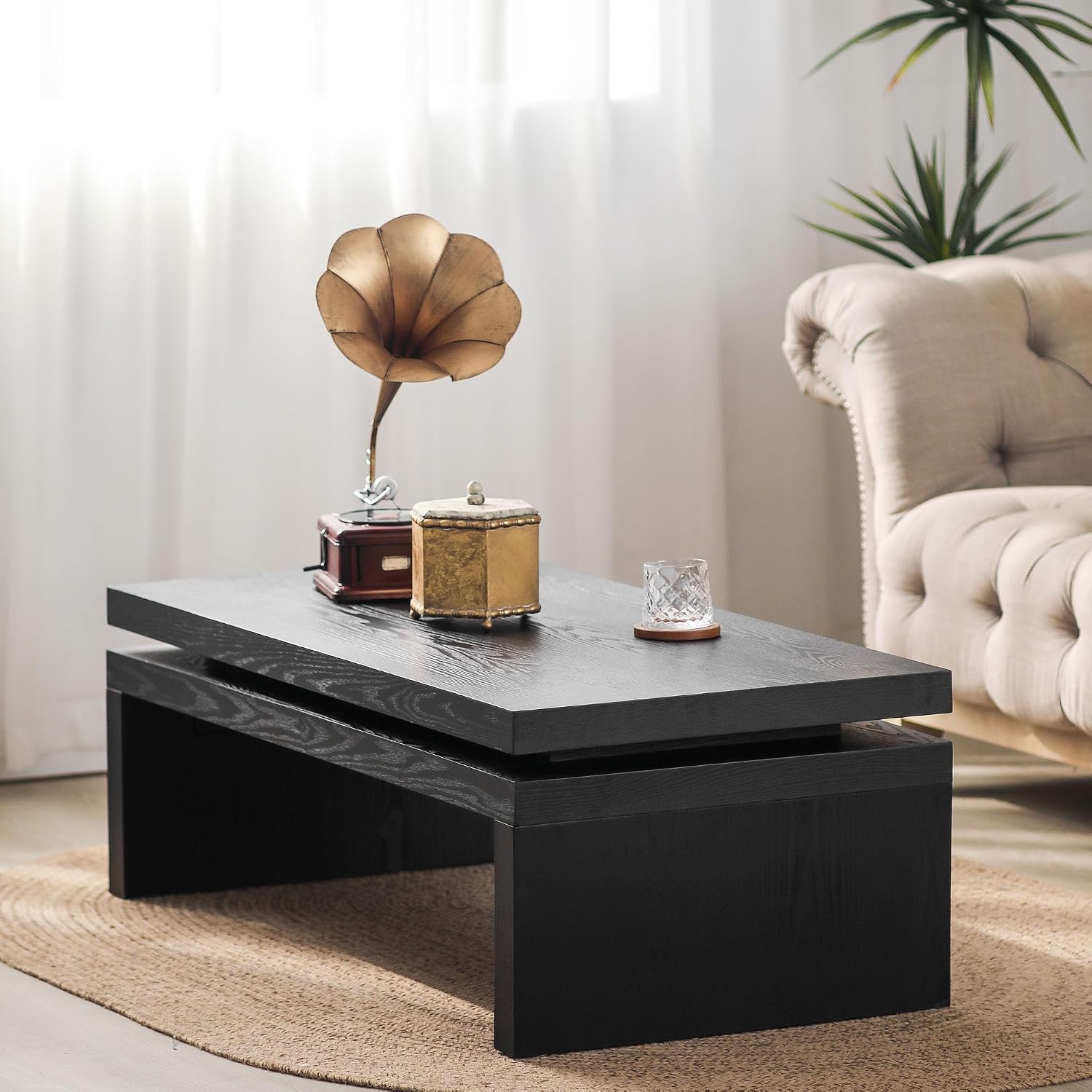 47.6' Farmhouse Wood Coffee Table, Mid Century Modern Wooden Coffee Tables for Living Room Natural Solid Firwood Tabletop Rectangle Center Table for Apartment Home Office Tea Table (Black)