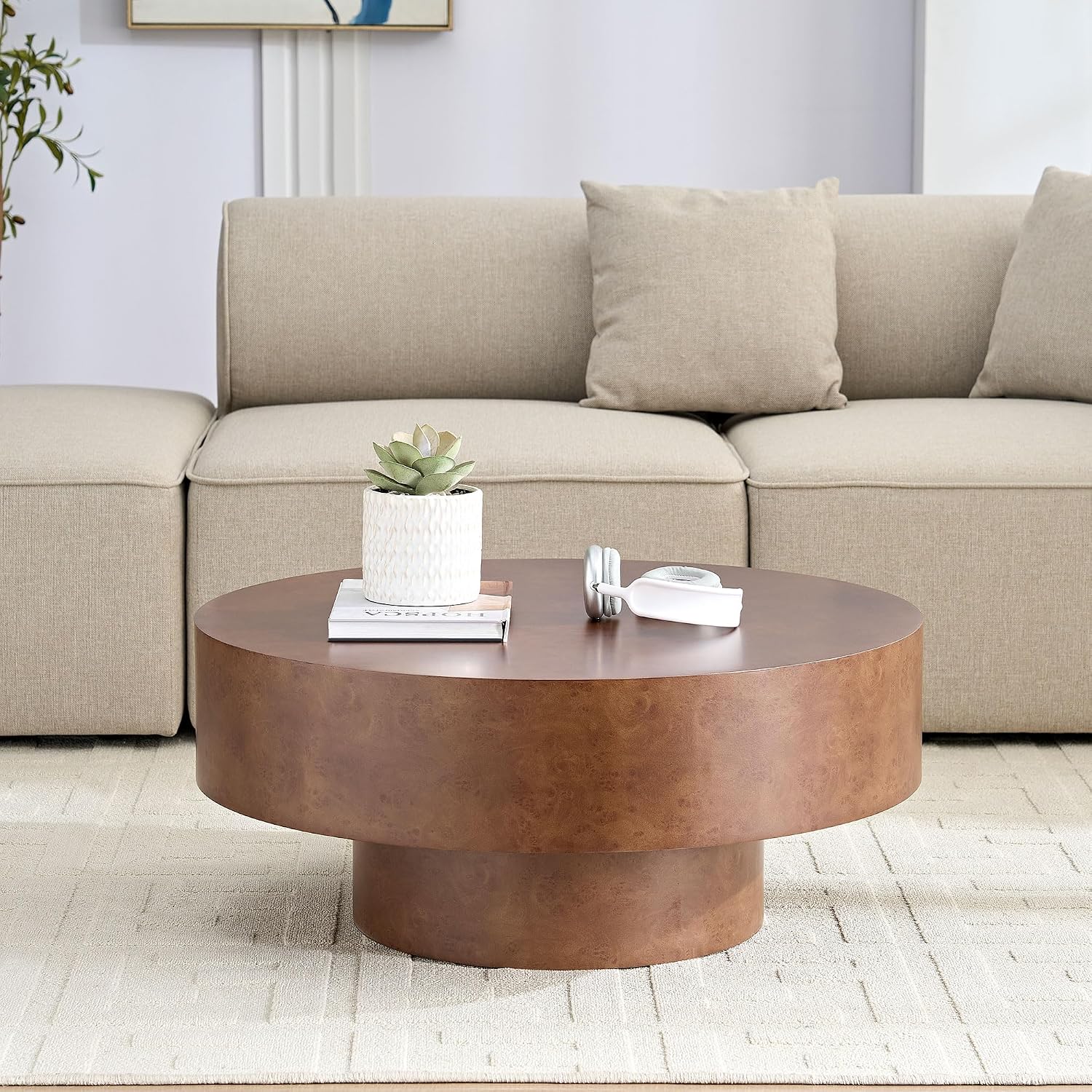 31.49'' Round Coffee Table Modern Wood Coffee Table for Living Room, Contemporary Circle Drum Pedestal Style, Faux Burl Wood Veneer Pattern, Easy Assembly, Walnut