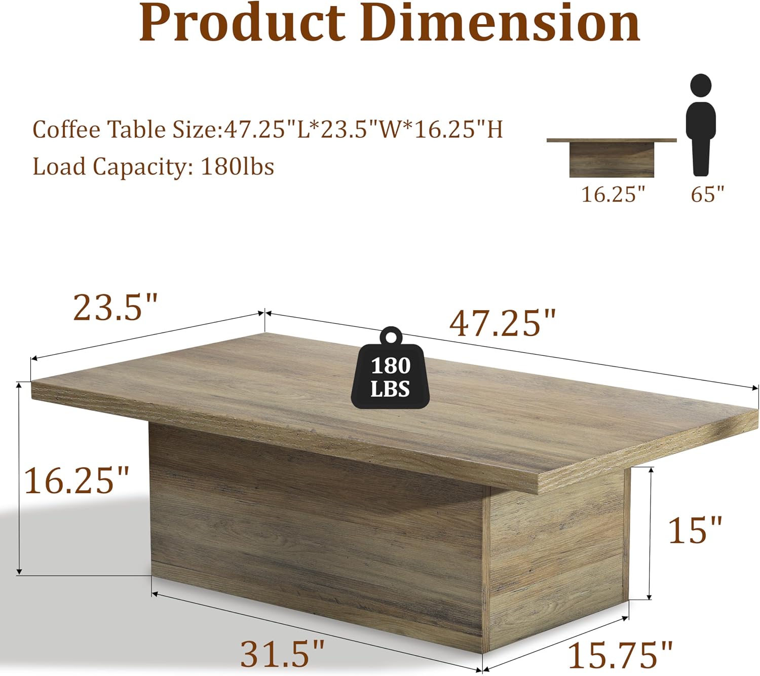 Farmhouse Coffee Table 47.25 Inch Modern Center Tables Wood Cocktail Table, Scratch-Resistant Accent Table with Sturdy Frame for Living Room, Apartment, Home Office & Lounge (Oak Brown)