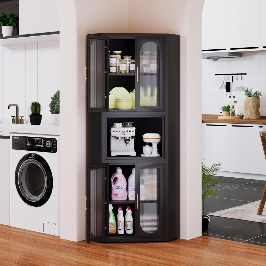 PAOFIN Metal Corner Cabinet, Side FreeStanding Storage Organizer Cabinet with Large Space and Shelves, Home Furniture for Multifunction in Living Room, Bathroom, Hallway, Kitchen, Bedroom, Black