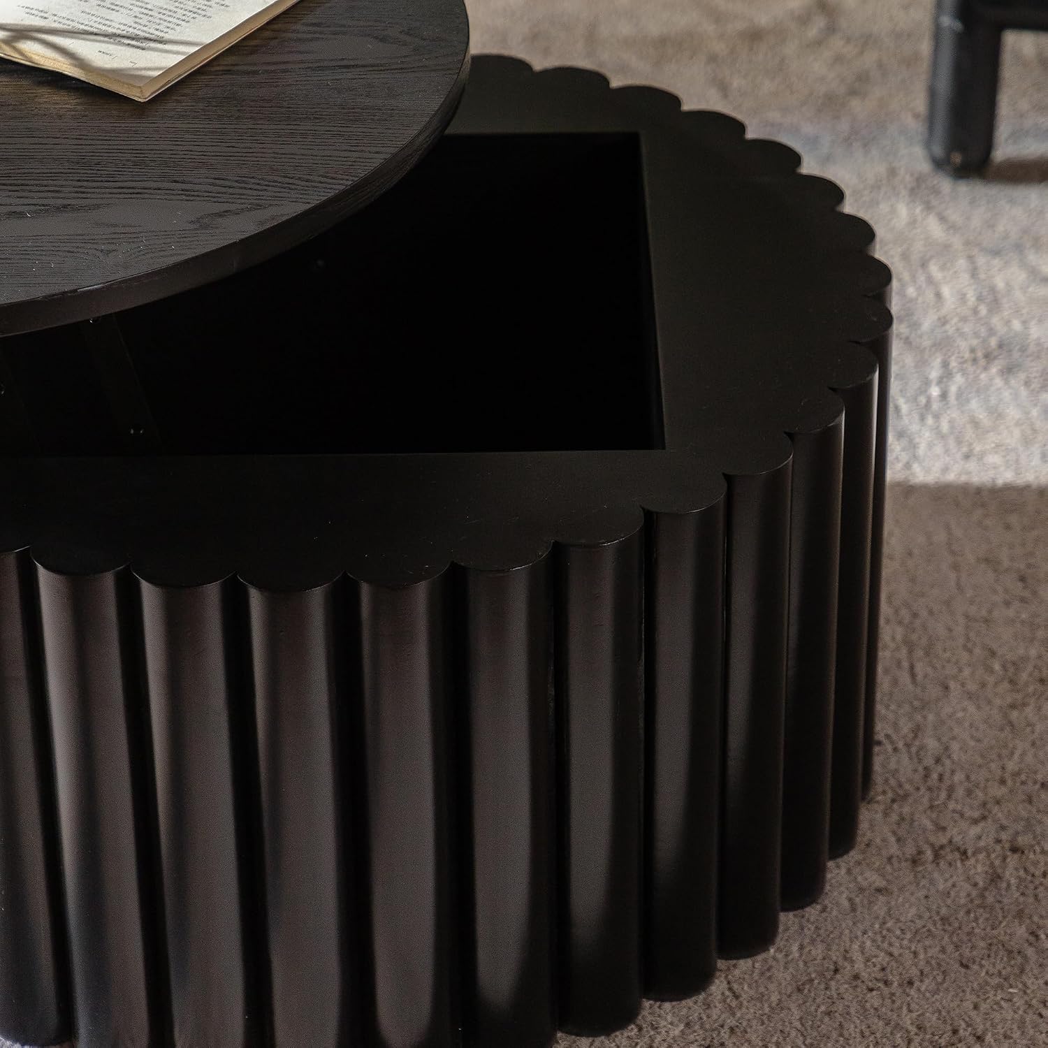 WILLIAMSPACE 27.56' Round Lift-Top Coffee Table with Hidden Storage & Sturdy Pedestal, Modern Wooden Center Accent End Tea Table, No Need Assemble, Black