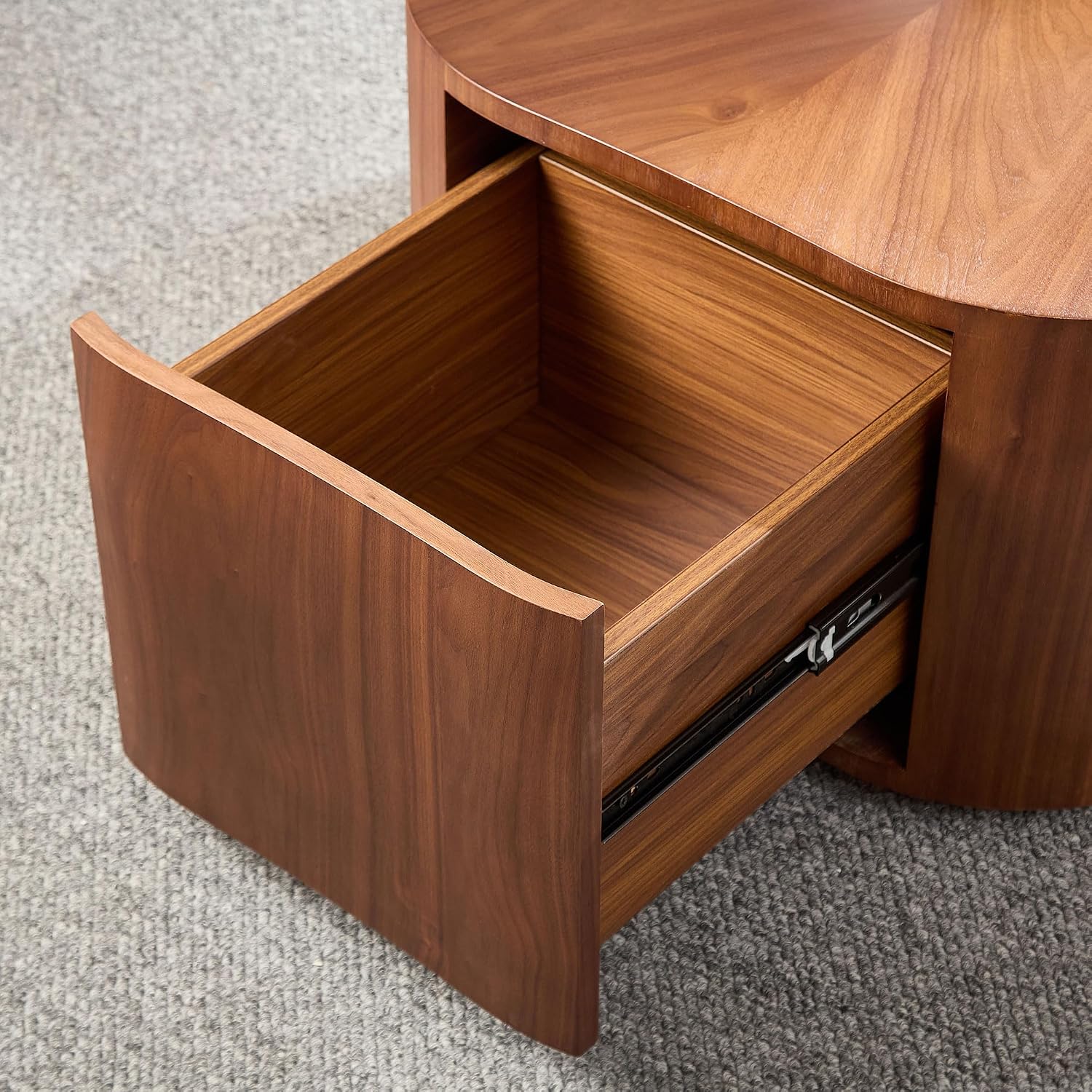 35.43'' Round Coffee Table with Drawer Storage Space for Living Room, Modern Drum Handcraft Wood Petal-Shaped Coffee Table, No Assembly, Walnut