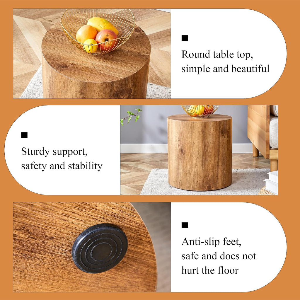 Rustic Brown Small Coffee Table Modern Drum-Shape Bedside Table Nightstand for Bedroom Living Room Round Wood Side End Table Beside Sofa Couch -Fully Assembled(15.7 x 15.7 x 15.7 H)