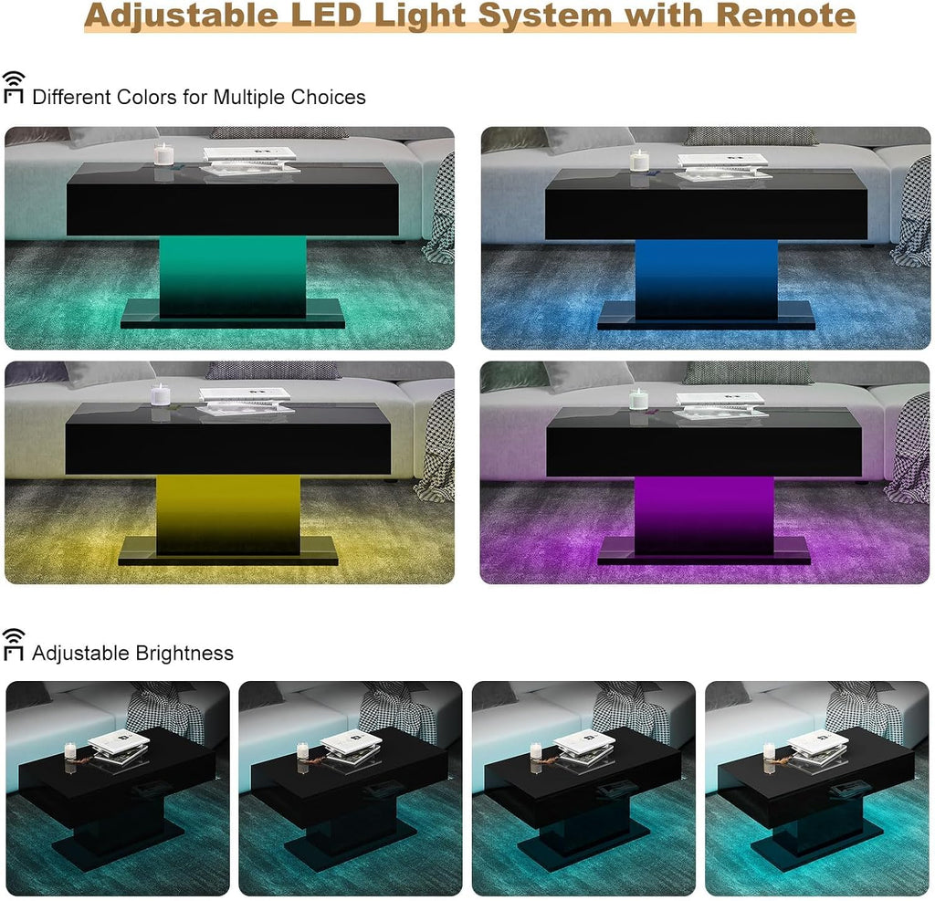 HedoAjim Led Coffee Table for Living Room, Living Room Table Rectangular Center Table, Modern High Glossy Wooden Coffee Tables with 16 Colors LED Lights for Dining Reception Room, Black