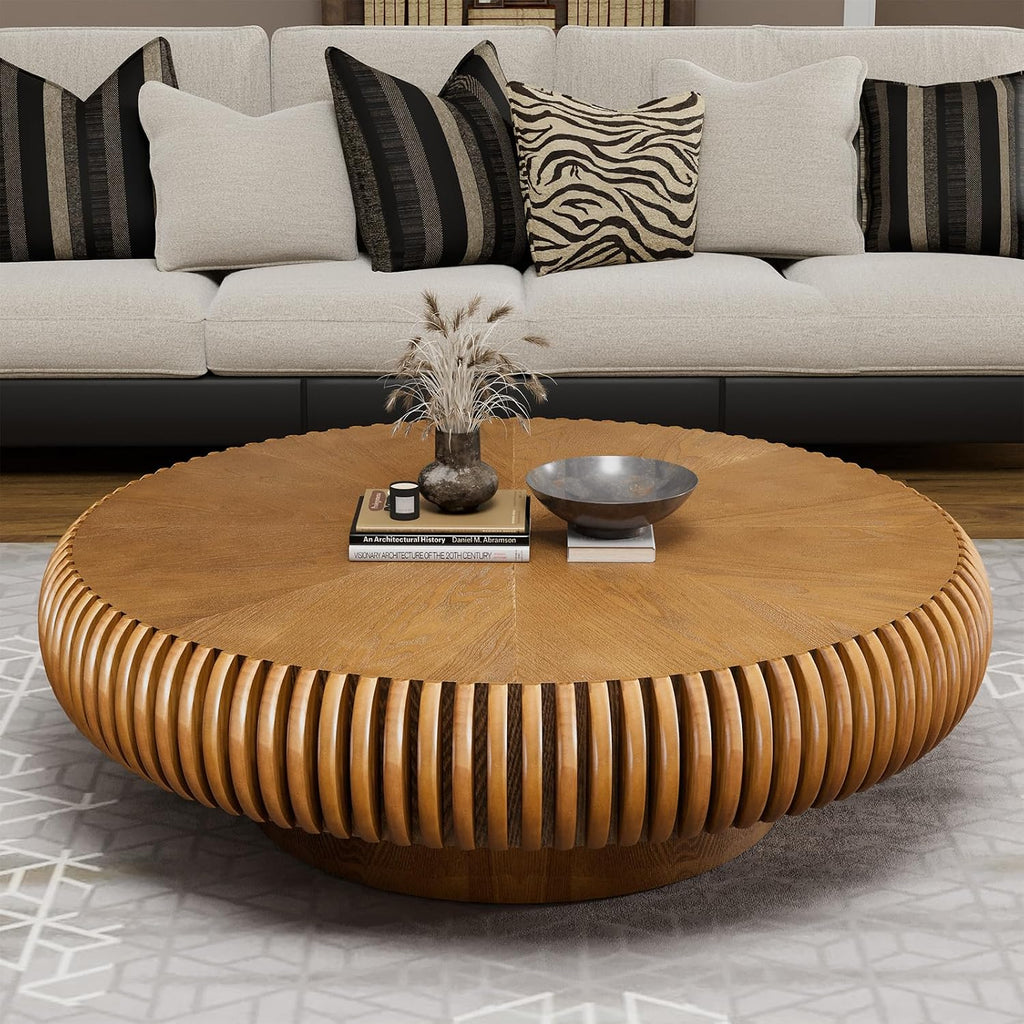 Modern Unique Round Fluted Coffee Table, Brown Wood Circle Coffee Tables, Contemporary Round Drum Accent Center Table for Living Room Reception Room