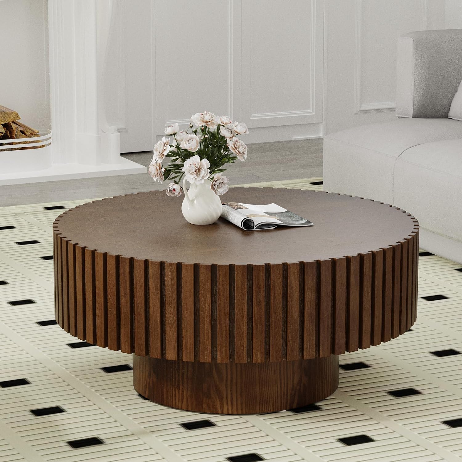 Round Fluted Coffee Table Round Drum Coffee Table for Living Room Modern Circular Pedestal Center Table (Circle Brown 31.5in)