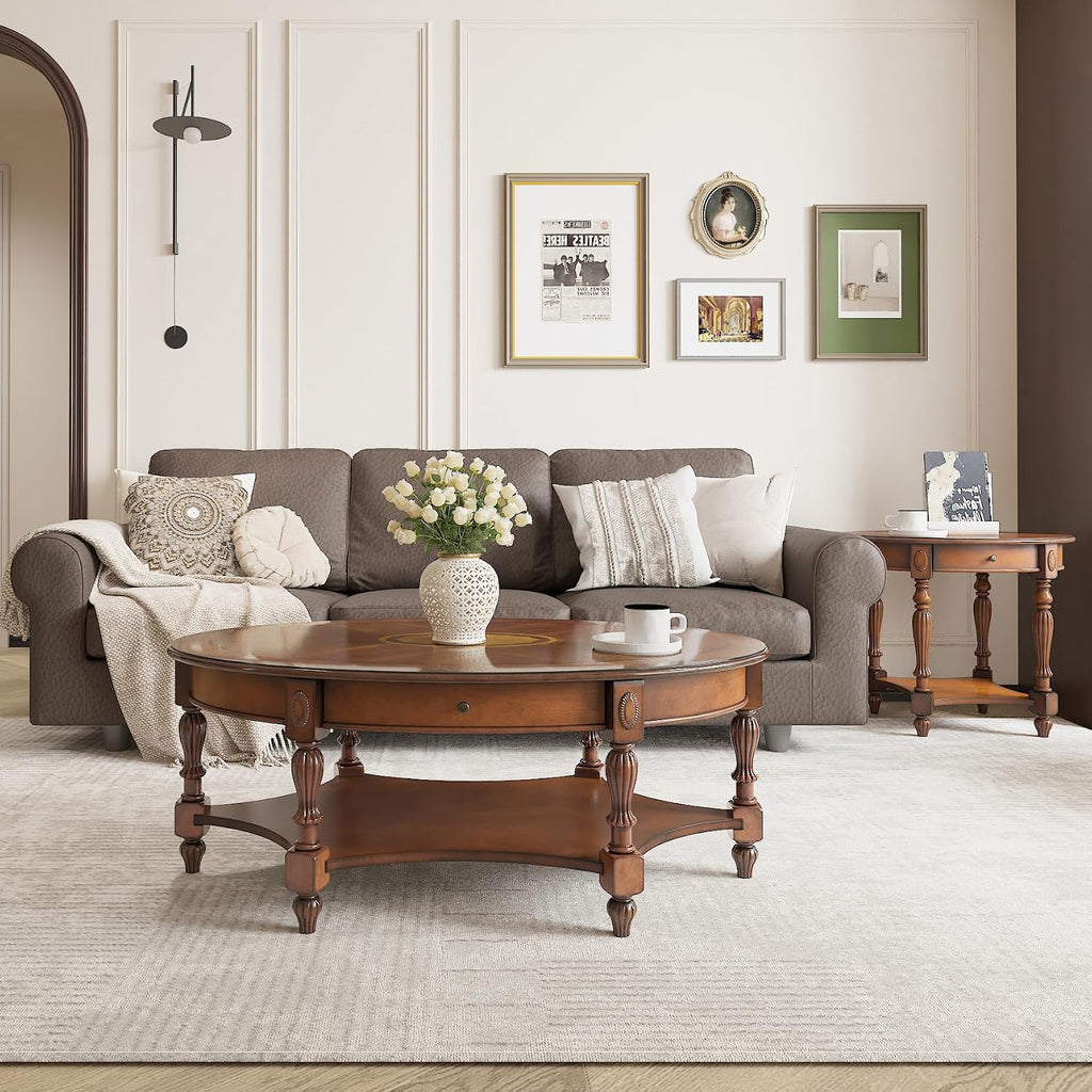 Solid Wood Coffee Table with Drawer and Storage Shelf, Oval Living Room Cocktail Tea Table, Traditional Center Table with Carvings Side Elegant Vintage 45'L x 27.6'Wx18.2'H Caramel Brown KFZ-1533-MG