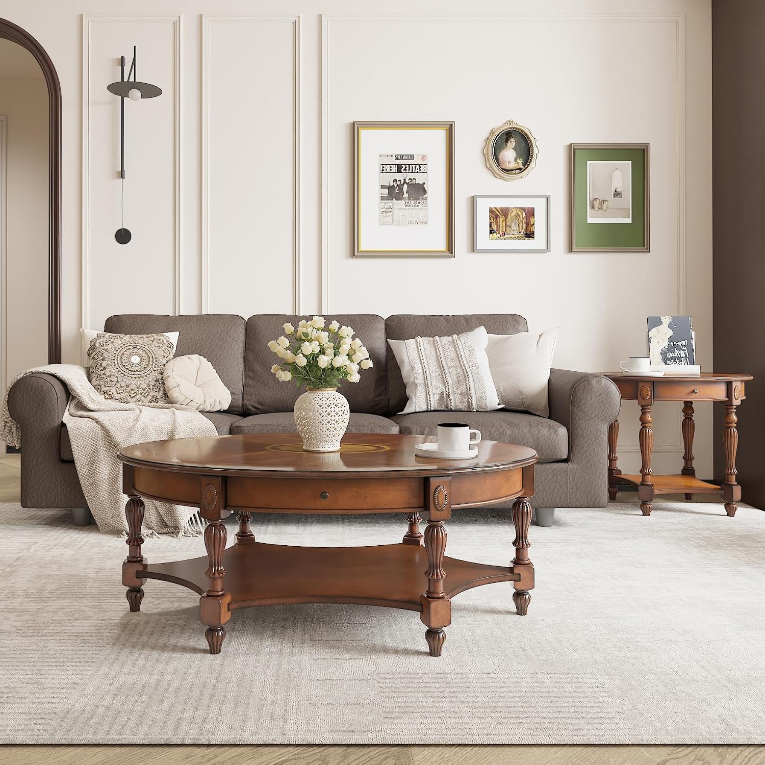Solid Wood Coffee Table with Drawer and Storage Shelf, Oval Living Room Cocktail Tea Table, Traditional Center Table with Carvings Side Elegant Vintage 45'L x 27.6'Wx18.2'H Caramel Brown KFZ-1533-MG