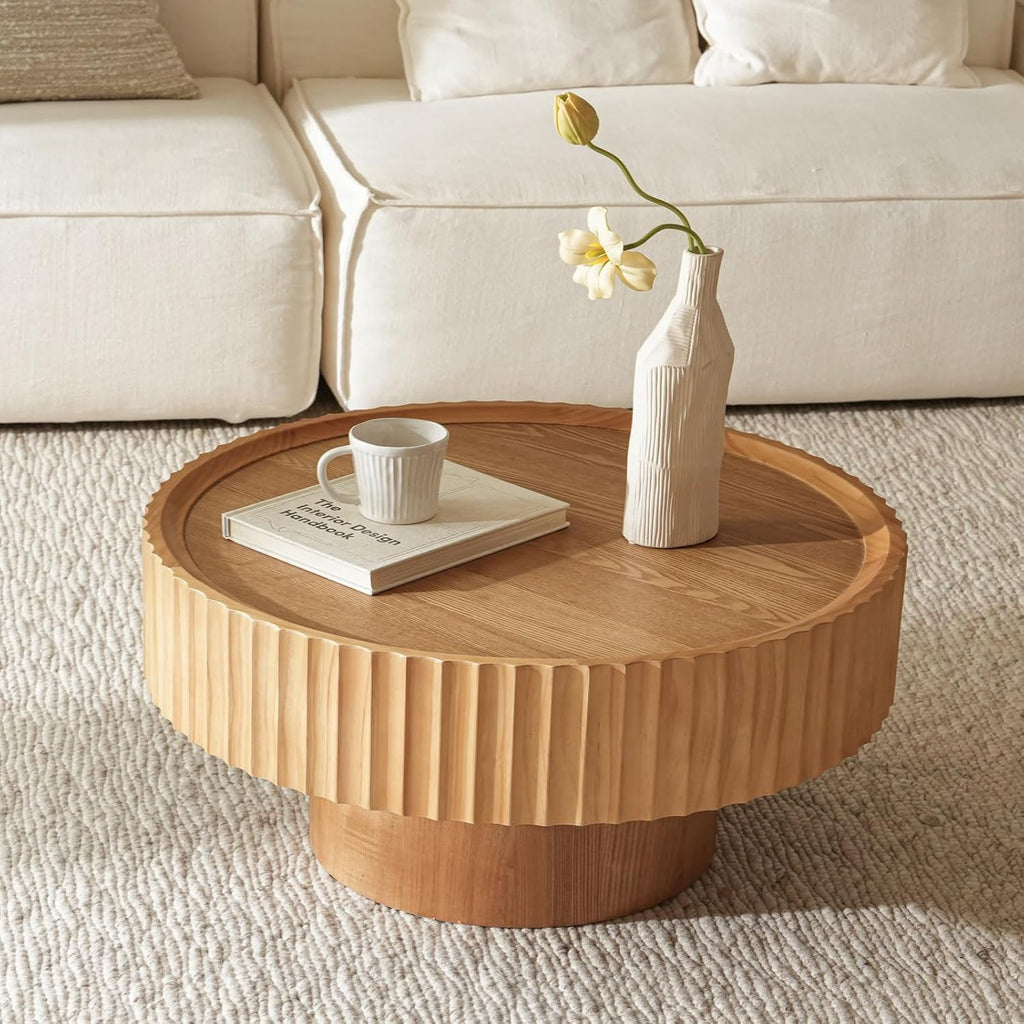 Round Coffee Table, 30.3in Modern Living Room Table, Fluted Drum Circle Tea Table with Storage, Accent Center Tables for Living Room, Apartment, Small Space (Nature Wood)