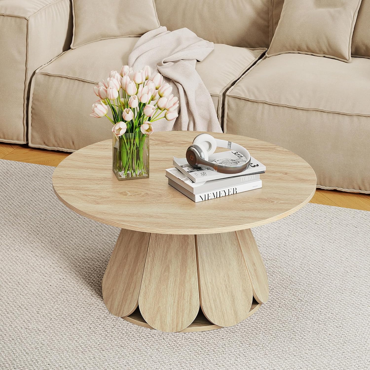 Round Coffee Table, Modern Farmhouse Wood Circle Center Table with Pedestal Base for Small Space, Living Room, Apartment, Natural