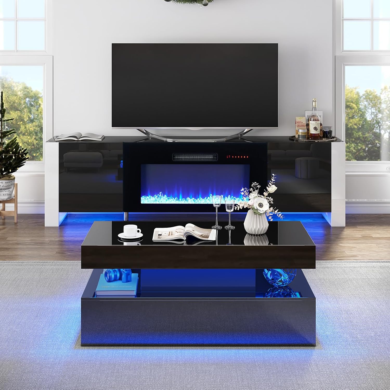 VanAcc 3-Piece Modern Living Room Table Sets, 70' Modern LED TV Stand with 36' Electric Fireplace, High Gloss Coffee Tables for Living Room, Black