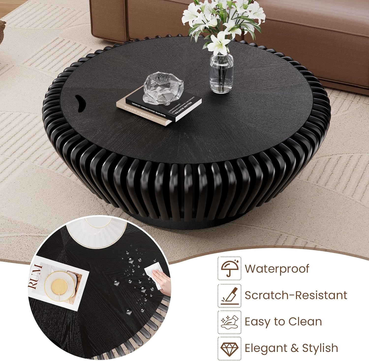 Round Fluted Coffee Table with Storage, 35.4' Wooden Drum Coffee Table, Modern Circle Center Accent Furniture, Tea Table for Living Room Apartment Small Space (Black, 35.4' with Storage)