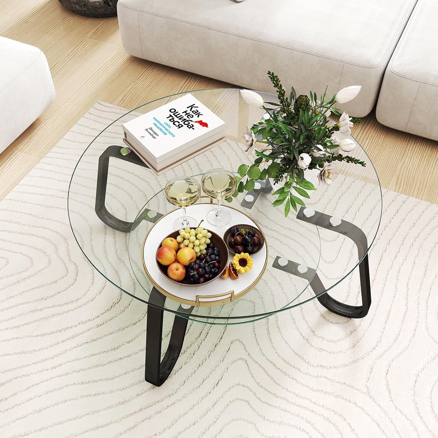 Rovibek Round Glass Coffee Table, 31.5 Modern Glass Coffee Tables with Storage and Metal Frame, 2-Tier Tempered Glass Top Small Center Table for Living Room, Easy Assembly, Black