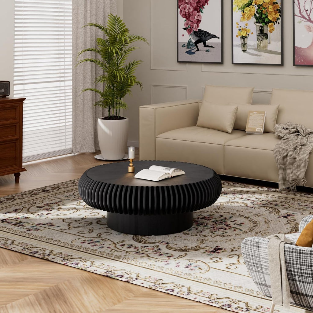 Round Coffee Table for Living Room Modern Black Fluted Coffee Table Round Drum Coffee Tables Low Circle Pedestal Center Table for Small Spaces (A Black, 31.4 in)