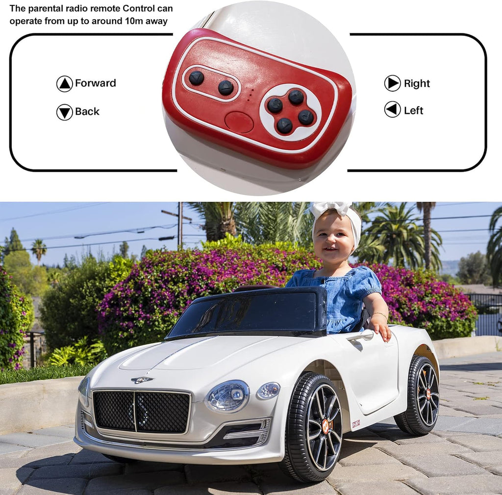 SEHOMY White 12V Electric Kid car with Parent Remote, Bentley Licensed Cars for Kids, Battery Powered Kids Ride on car, 4 Wheels Motorized Vehicles Children Toys, 2 Speeds, LED Headlights, MP3, Aux