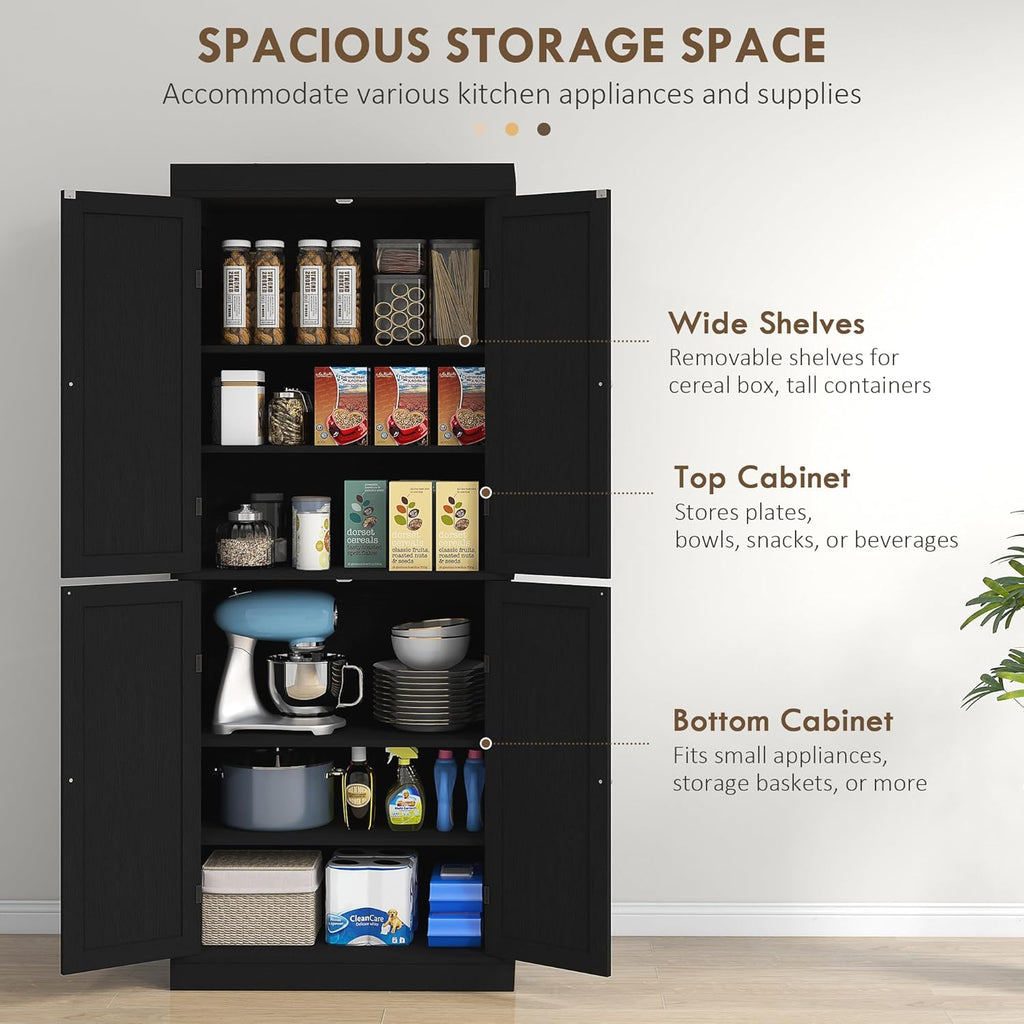 HOMCOM 72.5' Tall Kitchen Pantry Cabinet, Freestanding Modern Farmhouse Kitchen Storage Cabinet with 4 Doors and 2 Adjustable Shelves for Dining Room, Black Wood Grain