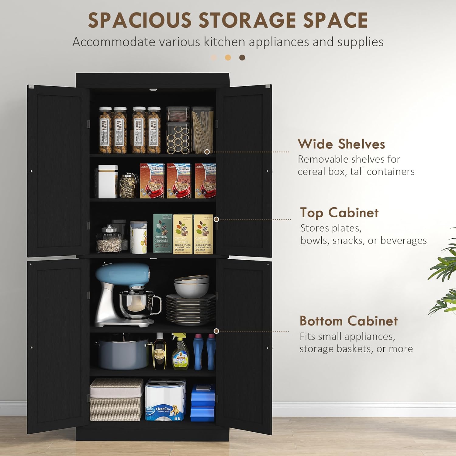 HOMCOM 72.5' Tall Kitchen Pantry Cabinet, Freestanding Modern Farmhouse Kitchen Storage Cabinet with 4 Doors and 2 Adjustable Shelves for Dining Room, Black Wood Grain