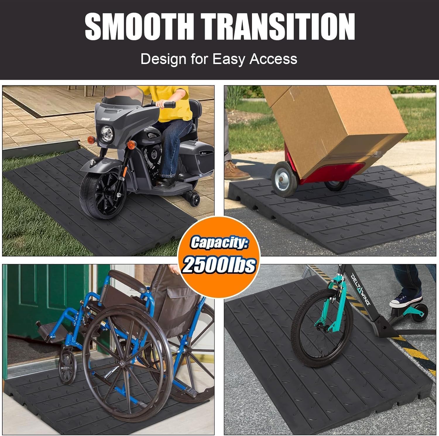 Rubber Threshold Ramp, 4' Rise Threshold Ramp Doorway, 3 Channels Cord Cover Solid Wheelchair Ramp, Rubber Angled Entry Rated 2500 Lbs Load Capacity for Doorways, Wheelchair, Scooter, Cars