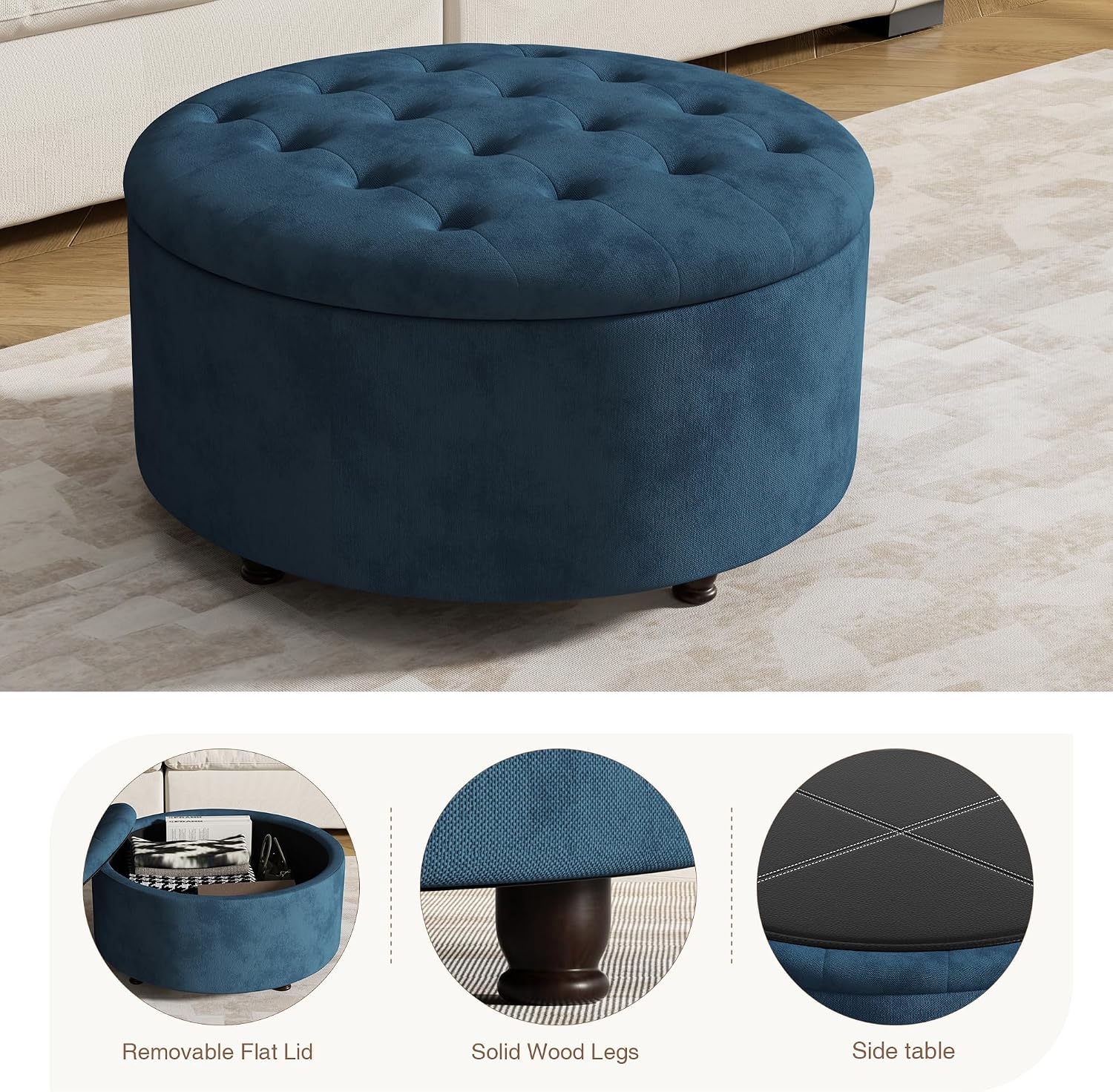 30 Inch Round Storage Ottoman,Modern Blue Tufted Ottomans,Circular Coffee Table with Removable Top,Upholstered Large Ottoman with Storage Footrest Stool for Bedroom Living Room (Blue)