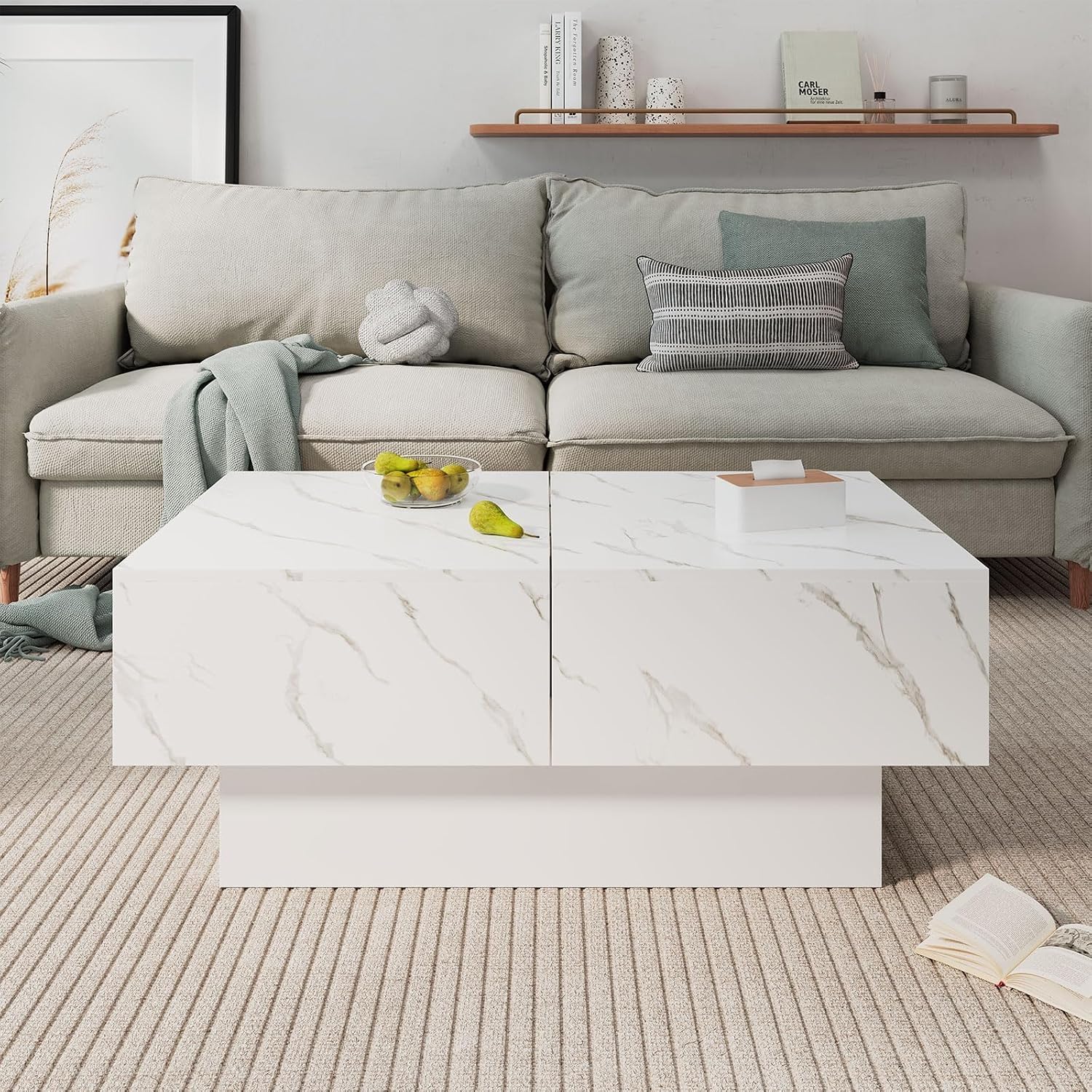 HedoAjim White Marble Coffee Table with Large Storage, Farmhouse Center Table for Living Room Mesas De Centro para Salas Modernas Nesting Modern Coffee Table for Reception Room