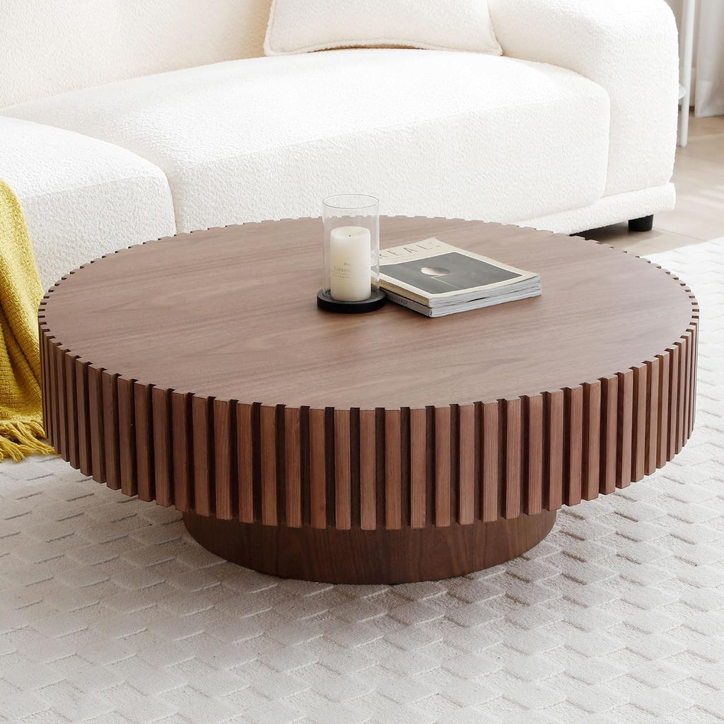 WILLIAMSPACE 39.4' Walnut Round Coffee Table, Modern Luxury Wood Circle Drum Center Table for Living Room, Accent Side End Table for Apartment, ø39.4'' x 13.4''H (Walnut)