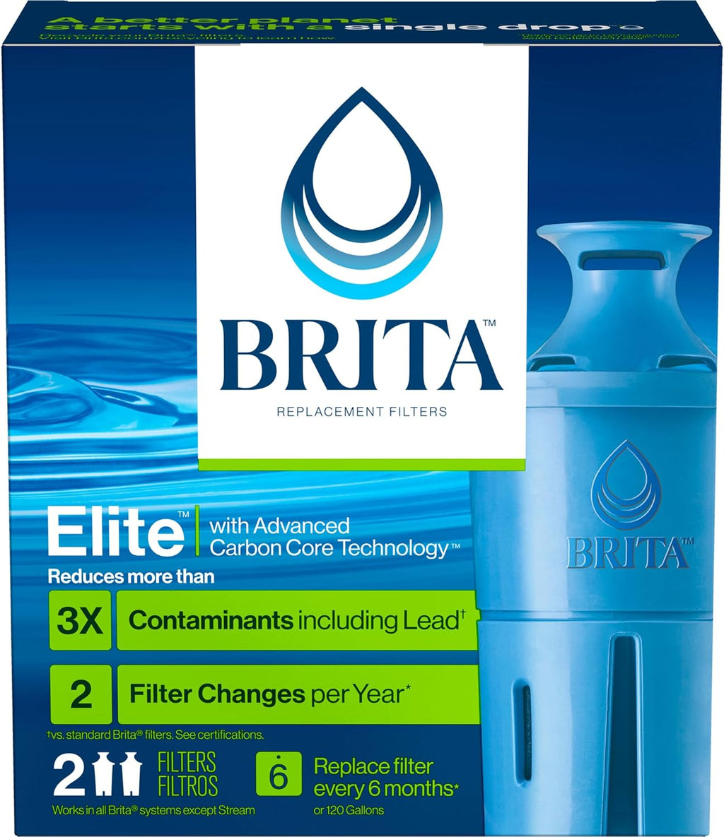 Brita Filter Replacements for Water Pitchers and Dispensers, Elite, NSF Certified to Remove 99% of Lead, 2 Count, Blue (Pack of 8)