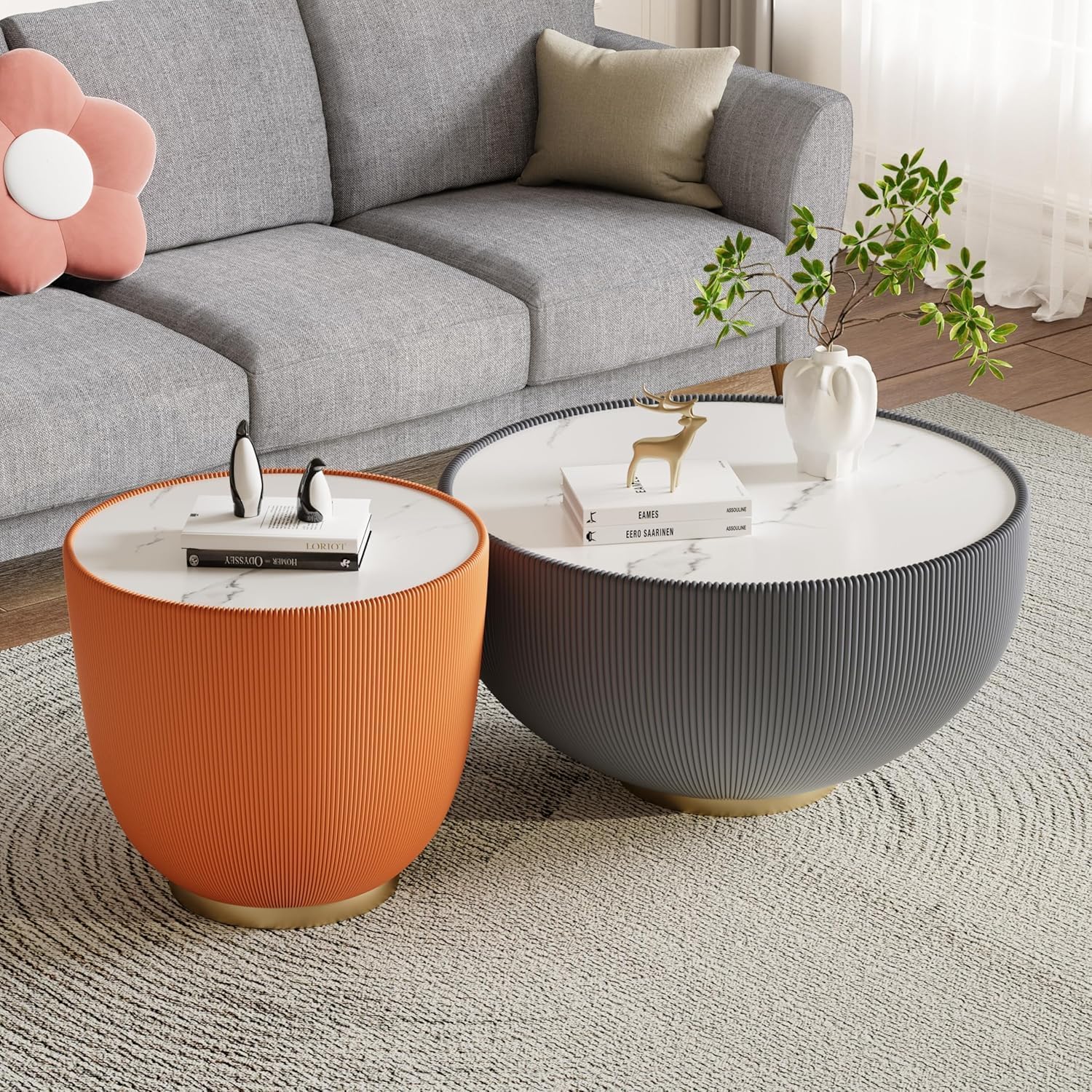 Round Coffee Table Set of 2, Sintered Stone Grey Coffee Table with Orange End Table, Nesting Tables for Living Room, Accent Side Table for Apartment Home Office, No Need Assembly
