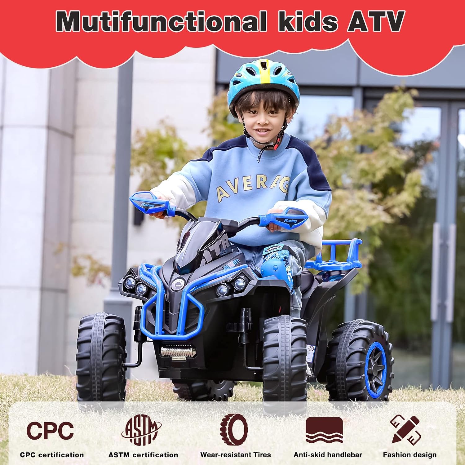 Soar Four Wheeler for Kids – Electric Toddler ATV 4 Wheeler for Ages 3–6, 12V Ride On Quad with LED Lights, Music, High/Low Speed, USB/TF, Treaded Tires, Blue