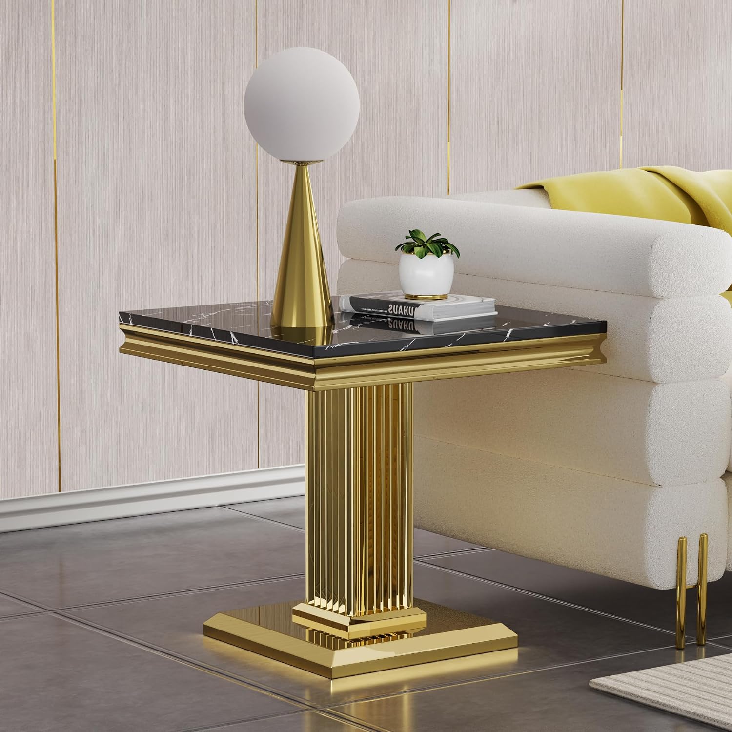 4 Pieces Coffee Table Set, Faux Marble Living Room Table Set of 4, Modern Coffee Table, Console Table and 2 End Tables with Column-Shaped Stainless Steel Base for Living Room Office (Black Gold)