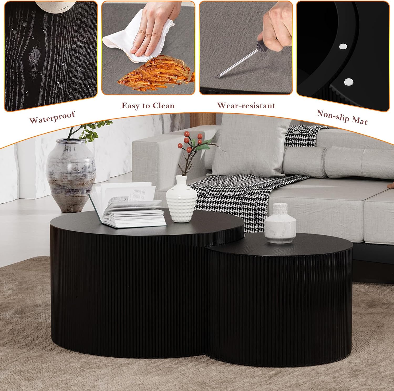 Nesting Coffee Table with Non-Slip Mat Vertical Stripe Design Round Fluted Side Table Set of 2 - No Assembly Required for Living Room Bedroom Balcony Yard (I-27.6+19.7in)