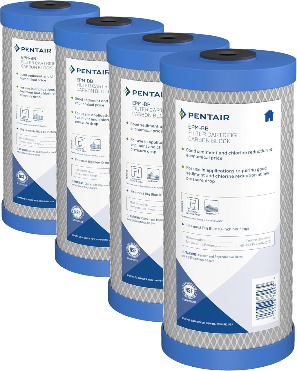 Pentair Pentek EPM-BB Big Blue Carbon Water Filter,10',Whole House Modified Epsilon Carbon Block Replacement Cartridge with Bonded Powdered Activated_Carbon (PAC) Filter,10'x4.5',10 Micron (Pack of 4)