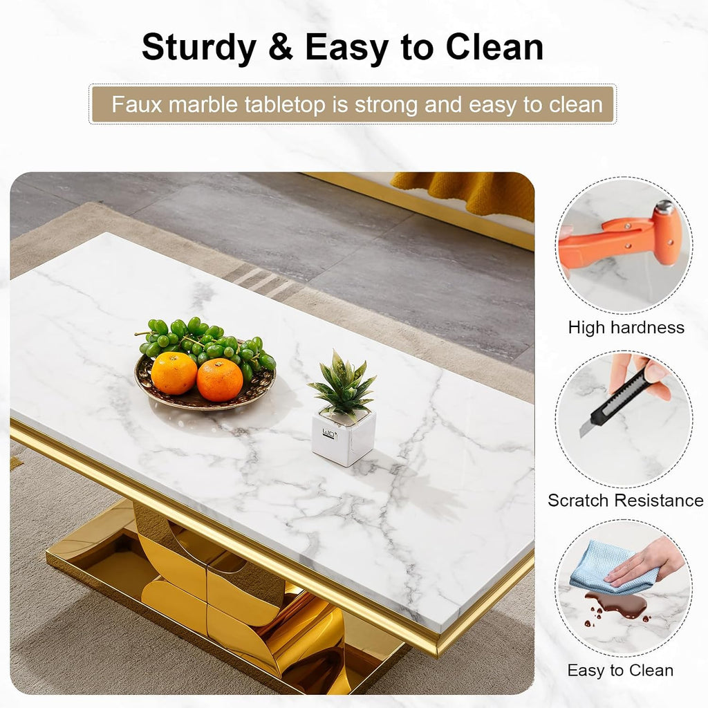 3 Piece Living Room Table Set, Faux Marble Coffee Table Set of 3, Modern White Coffee Table and 2 End Tables with Gold Stainless Steel U-Base for Living Room Home Office