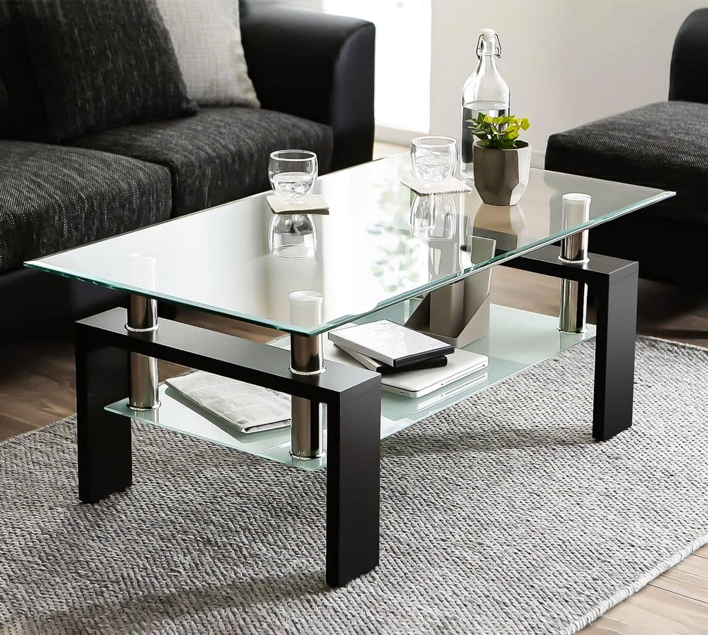 Glass Coffee Table Sets of 3 for Living Room, Mordern End Table Sofa Side Tables with Storage, Black Metal Leg, Rectangle Tempered Center Table Home Furniture Set (Clear)