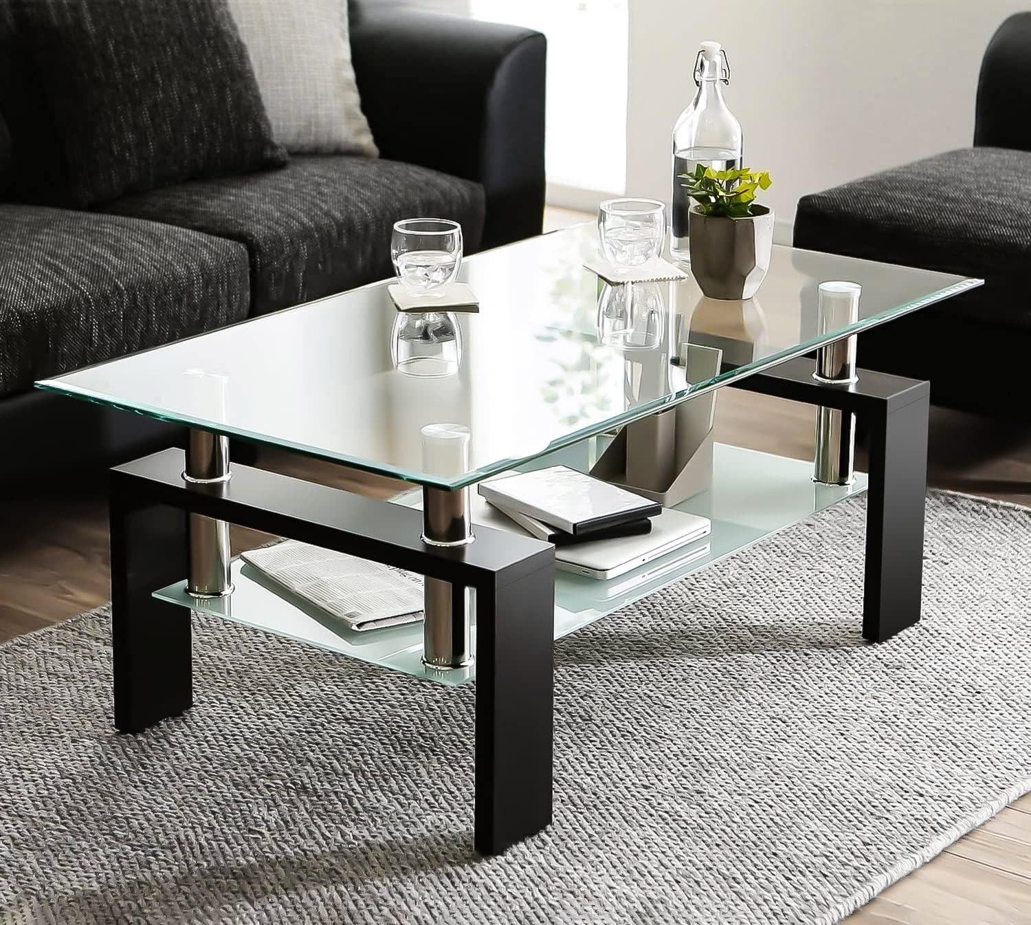 Glass Coffee Table Sets of 3 for Living Room, Mordern End Table Sofa Side Tables with Storage, Black Metal Leg, Rectangle Tempered Center Table Home Furniture Set (Clear)