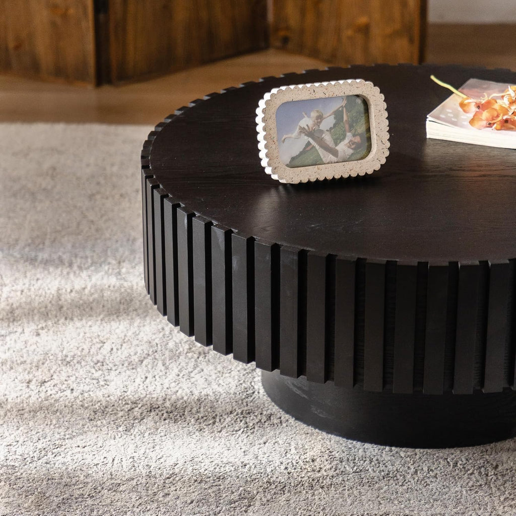 Round Fluted Coffee Table Round Drum Coffee Table for Living Room Modern Circular Pedestal Center Table (Circle Black 31.5in)