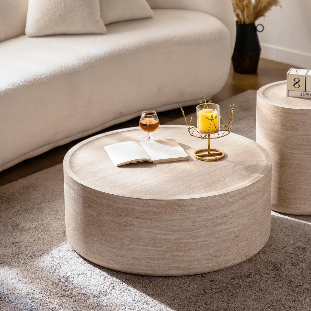 Faux Mars Pattern Round Coffee Table, Modern 31.5' Round Coffee Tables for Living Room, Circle Drum Coffee Center End Table for Apartment Bedroom Office Small Spaces, No Need Assembly