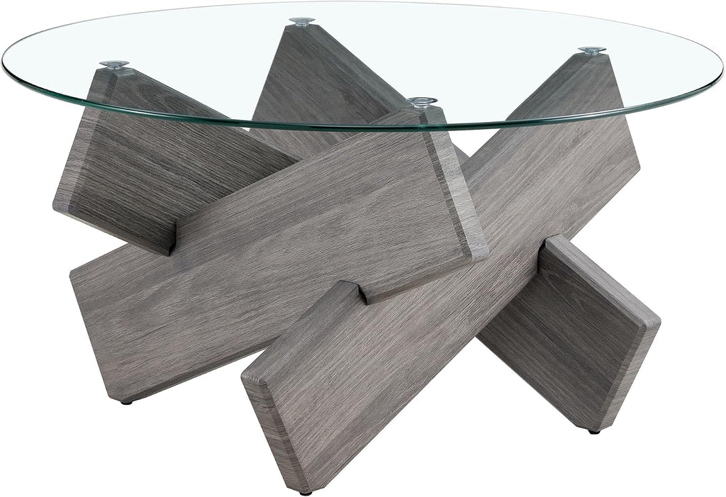 33.4'' Tempered Glass Round Coffee Table for Living Room, Modern Circle Coffee Table, Glass Tabletop & Wood Base, Easy Assembly, Gray